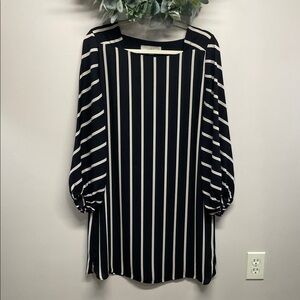 Loft Striped Square Neck Long Blouson Sleeves Shift Dress S